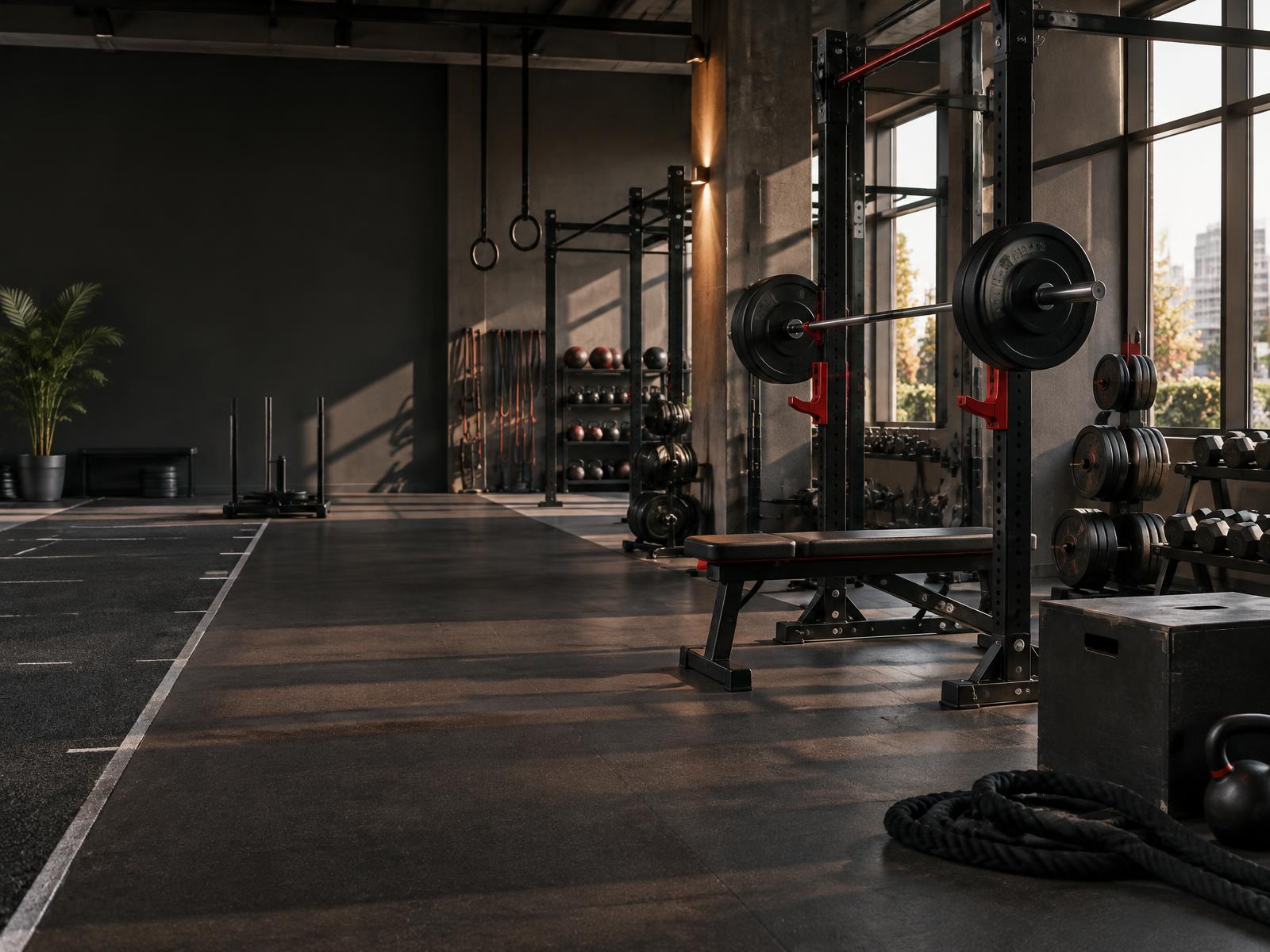 Modern strength training gym equipped with racks and free weights